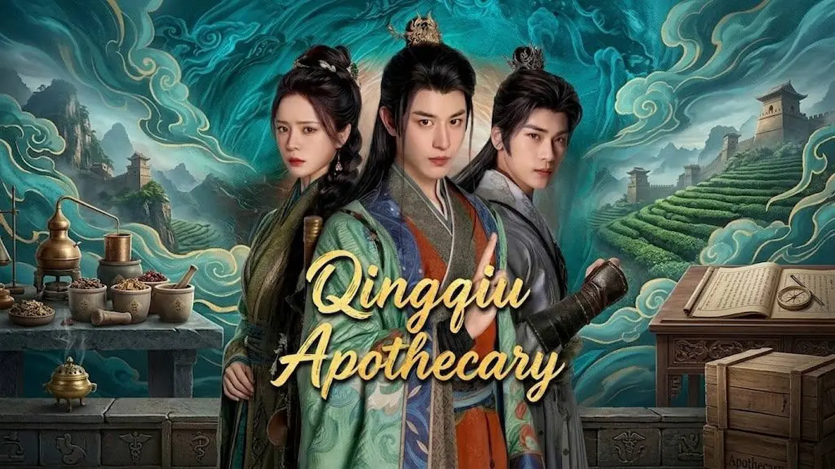 Chinese historical fantasy drama poster featuring three lead actors in traditional robes framed by traditional herbal medicine apparatus and ancient scrolls against a stylized green backdrop