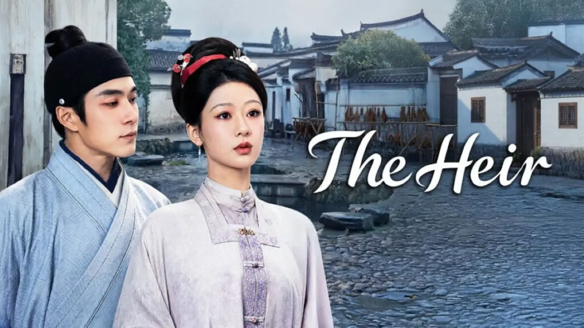 Chinese historical romance drama poster showing a man in blue robes looking at a woman in elegant light purple attire with a traditional village backdrop