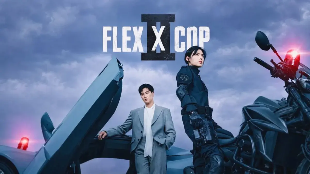 Korean action crime drama poster showing a man in a gray suit next to a woman in a black police uniform beside a motorcycle