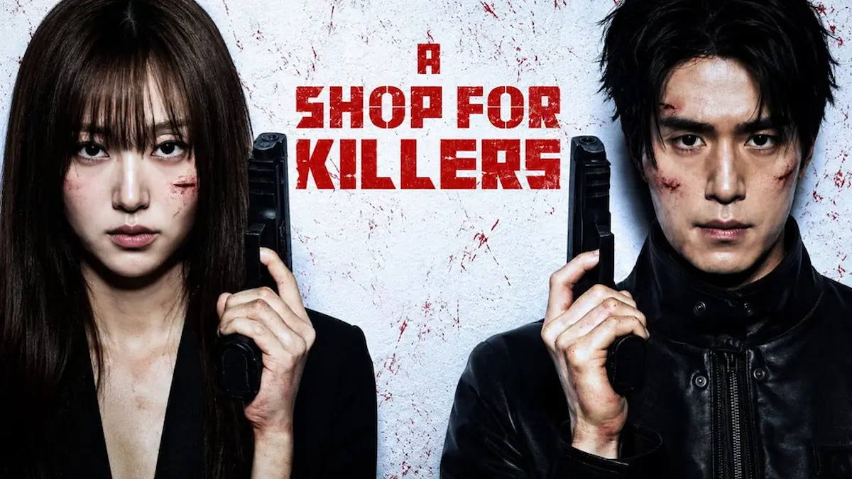 Korean action thriller drama poster showing a young man and woman with facial cuts holding handguns against a splattered white wall