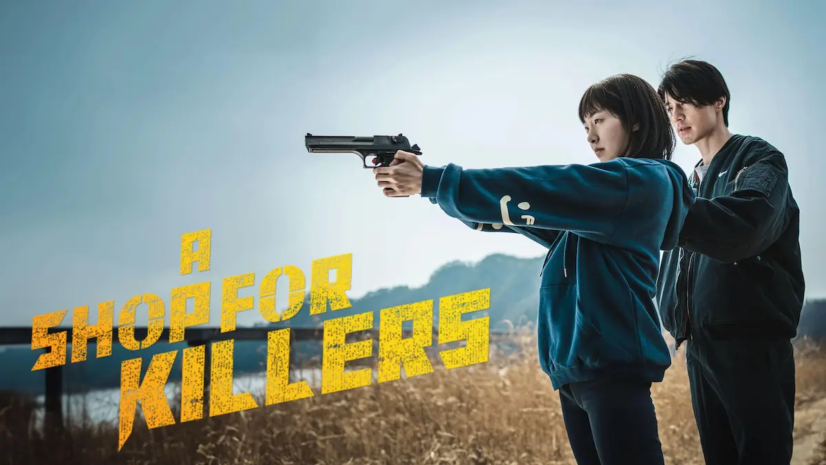 Korean action thriller drama poster showing a young woman aiming a handgun under the supervision of a man in a black jacket outdoors