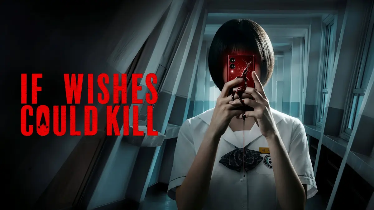 Korean horror thriller drama poster showing a female student in a white school uniform holding a bloody smartphone in front of her face in a dark corridor