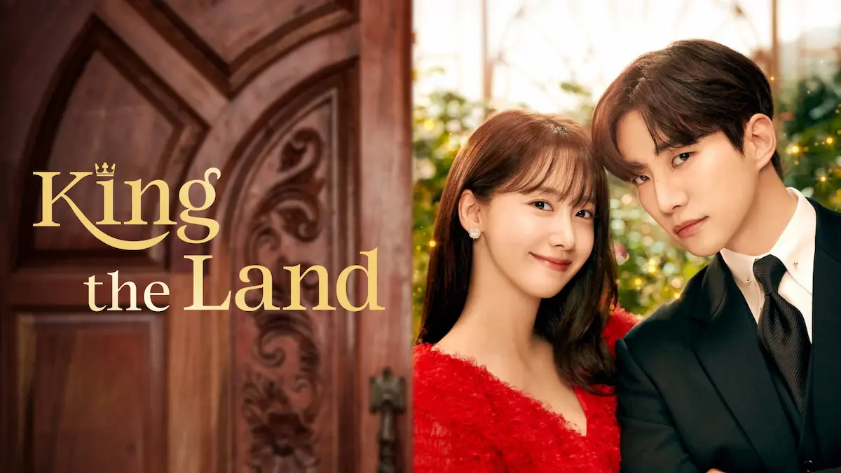 Korean romantic comedy drama poster featuring a handsome man in a dark suit standing next to a smiling woman in a red dress by a wooden door frame