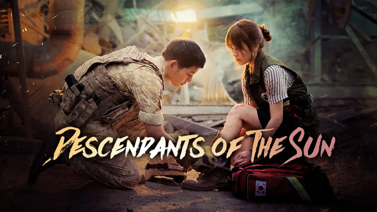 Korean military romance drama poster featuring a soldier in tactical desert uniform tying a female doctor's shoelace amid disaster ruins