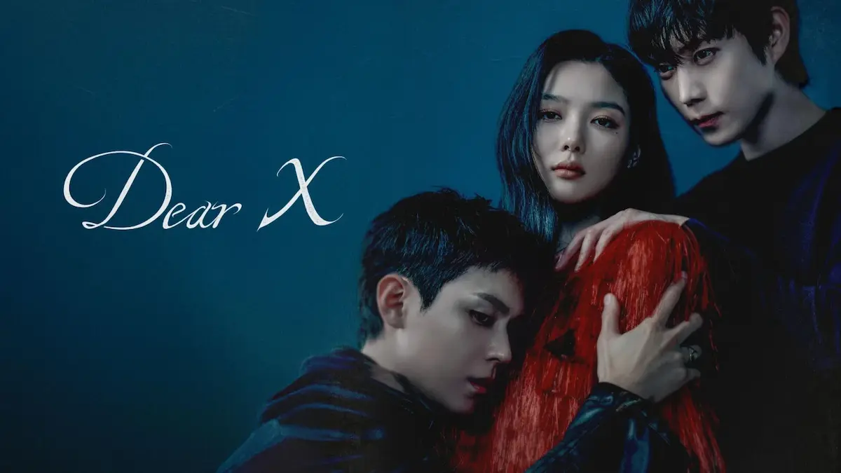 Korean psychological thriller drama poster featuring a young woman flanked closely by two young men against a dark moody blue backdrop