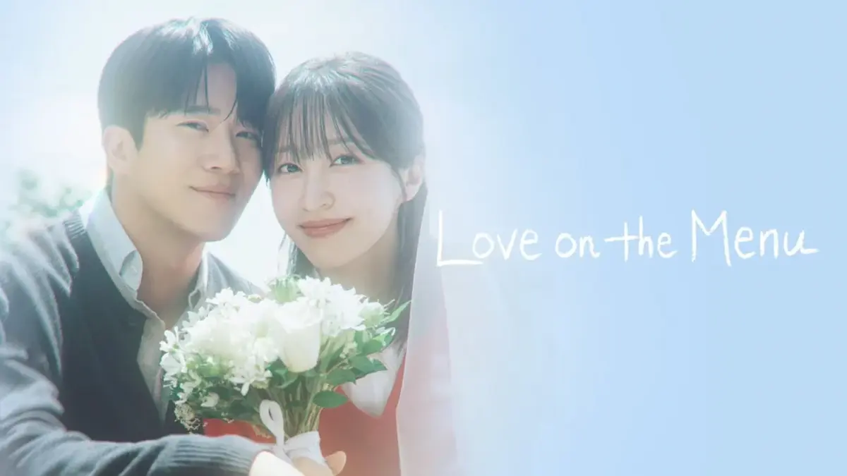 Korean romance drama banner showing a smiling couple holding a bouquet of white flowers under a bright light blue sky