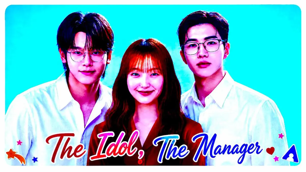 Korean romantic comedy drama poster showing a woman in a red shirt flanked by two men wearing glasses against a blue background