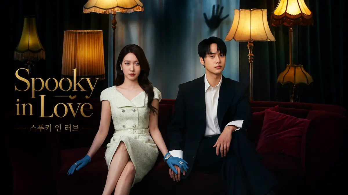 Korean supernatural romance drama poster showing a man and woman in formal wear sitting on a couch surrounded by vintage floor lamps with a shadow hand on the curtain