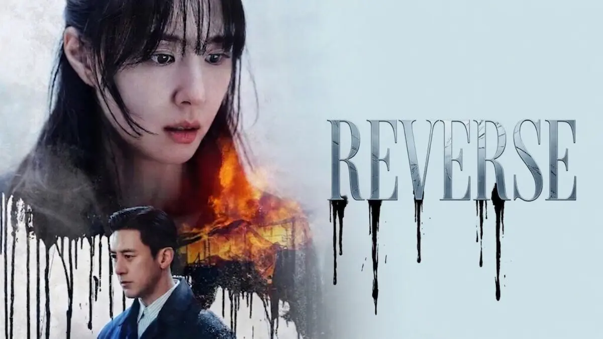 Korean mystery thriller drama poster showing a concerned woman's face above a man looking away with fire and black paint dripping elements