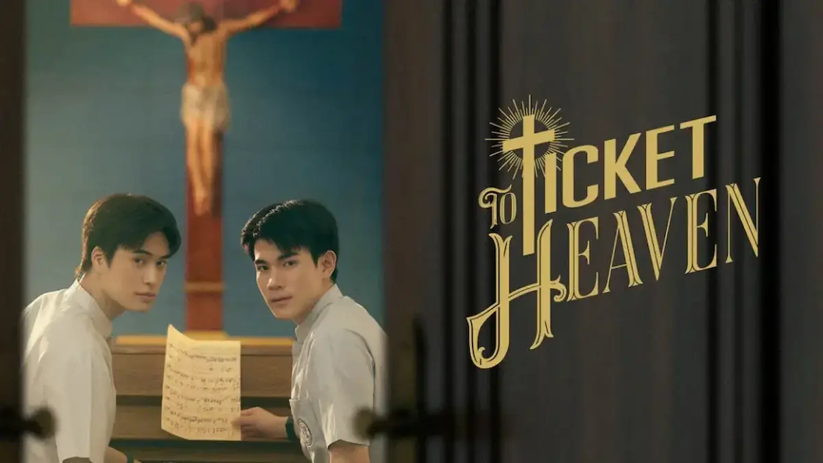 Thai BL drama poster showing two young men in school uniforms sitting at a piano holding music sheets inside a church with a crucifix in the background
