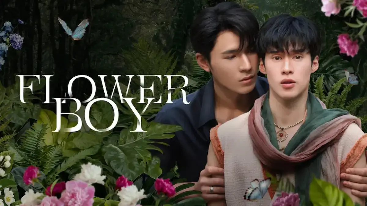 Thai BL fantasy romance drama poster showing two men in a lush green forest surrounded by flowers and butterflies
