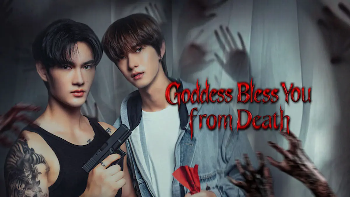 Thai BL horror drama poster featuring a tattooed man holding a handgun next to another man with shadowy hands reaching out
