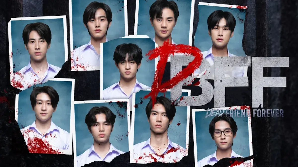 Thai BL horror thriller drama poster showing a collage of blood-stained student yearbook portraits arranged around bold text