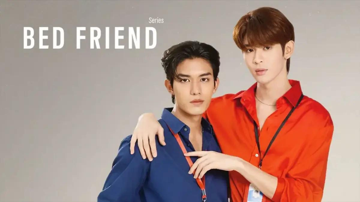 Thai BL office romance drama poster featuring two men wearing office lanyards posing together, one in a blue shirt and the other in a red shirt
