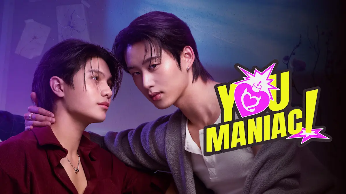 Thai BL romance drama poster featuring a close-up of two young men under soft purple and blue lighting with pop-art style title text