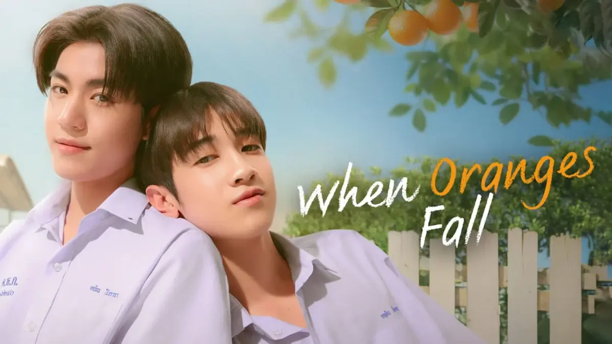 Thai BL youth romance drama poster showing two young men in high school uniforms leaning against each other under an orange tree