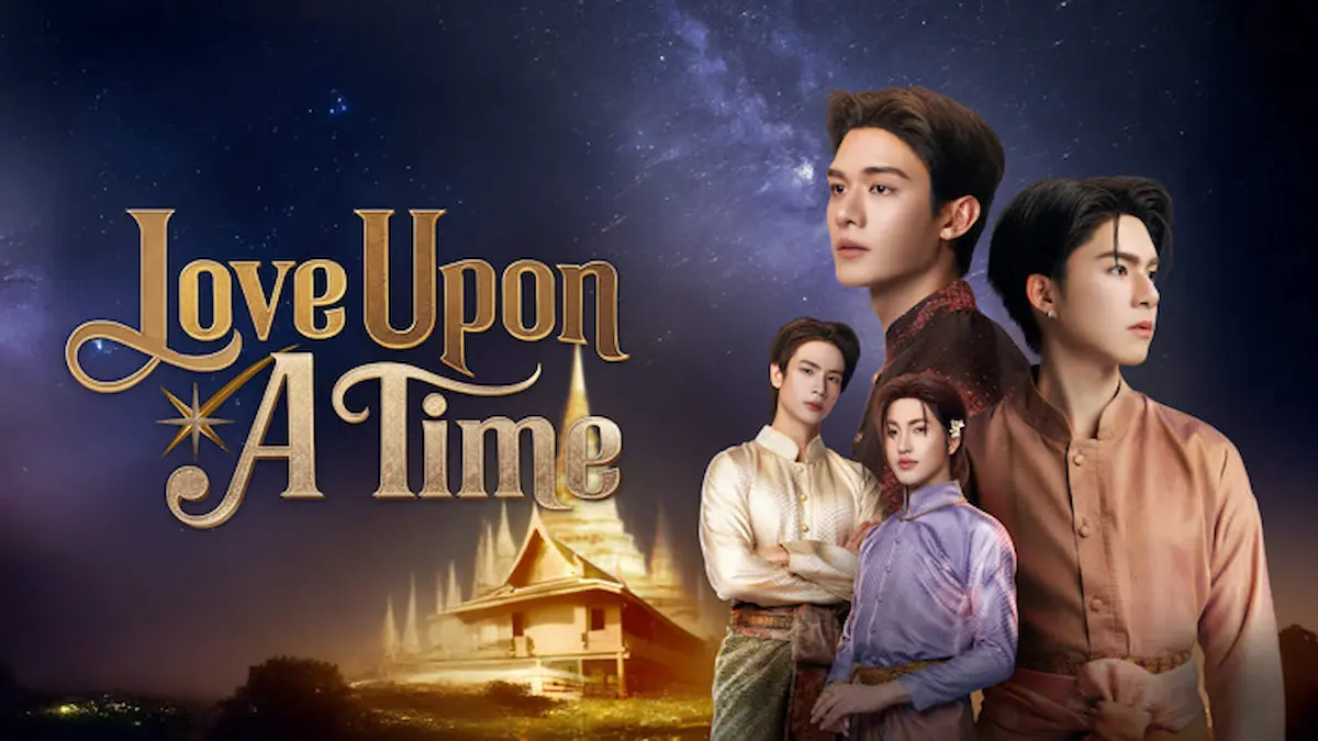 Thai historical BL fantasy drama poster featuring four lead actors in traditional Thai attire against a starry night sky and temple backdrop
