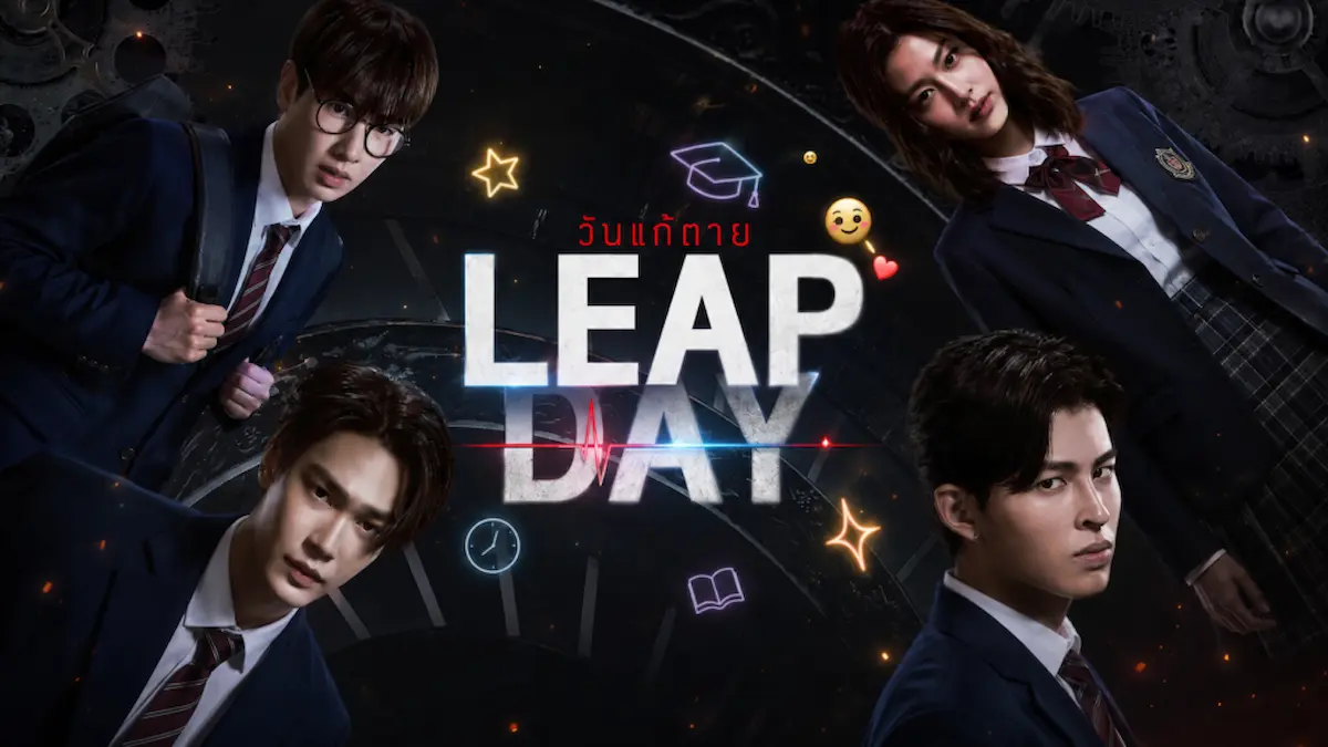 Thai mystery thriller drama poster showing four cast members surrounding central title text with dark atmosphere and clock motifs
