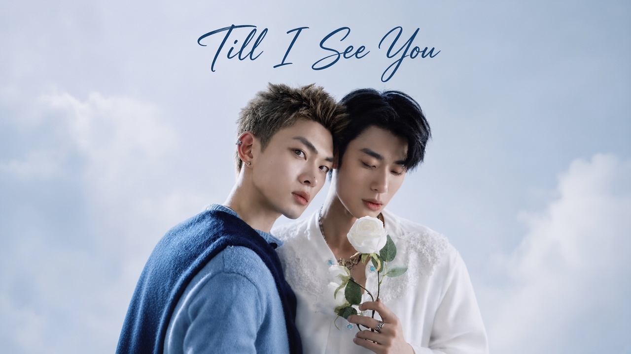 Chinese BL romance drama poster featuring two young men in a blue sweater and white shirt standing close against a soft cloudy sky holding a rose