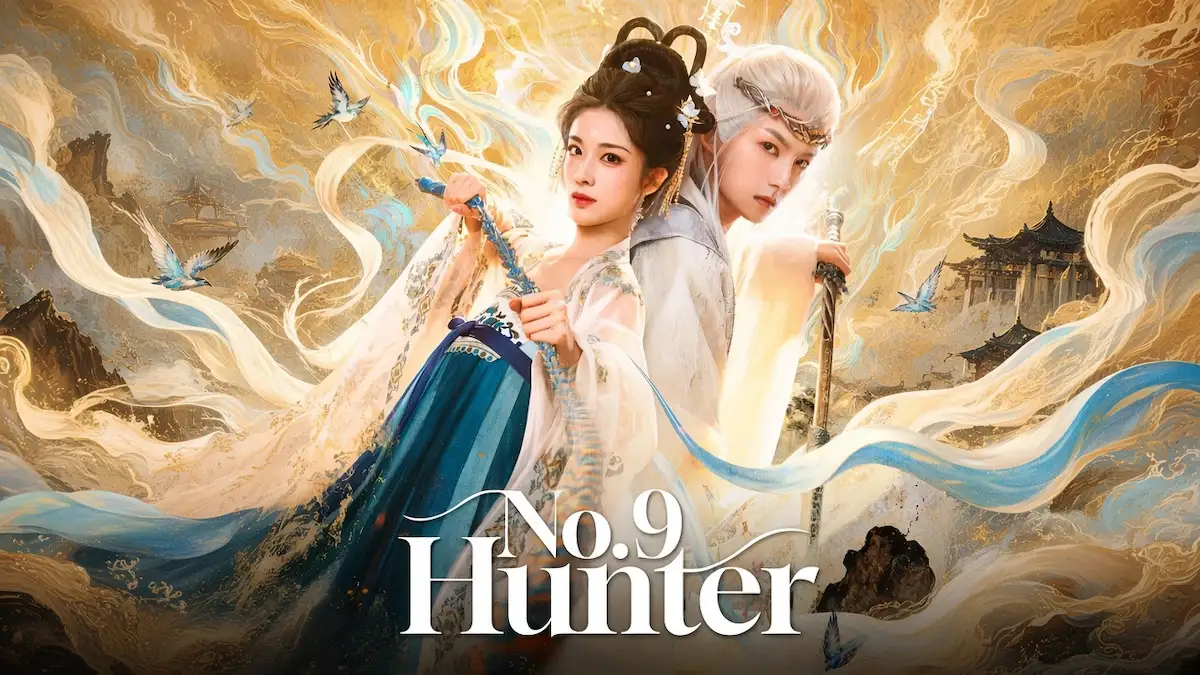 A woman in traditional blue and white Hanfu back to back with a white haired man holding a sword under a golden sky