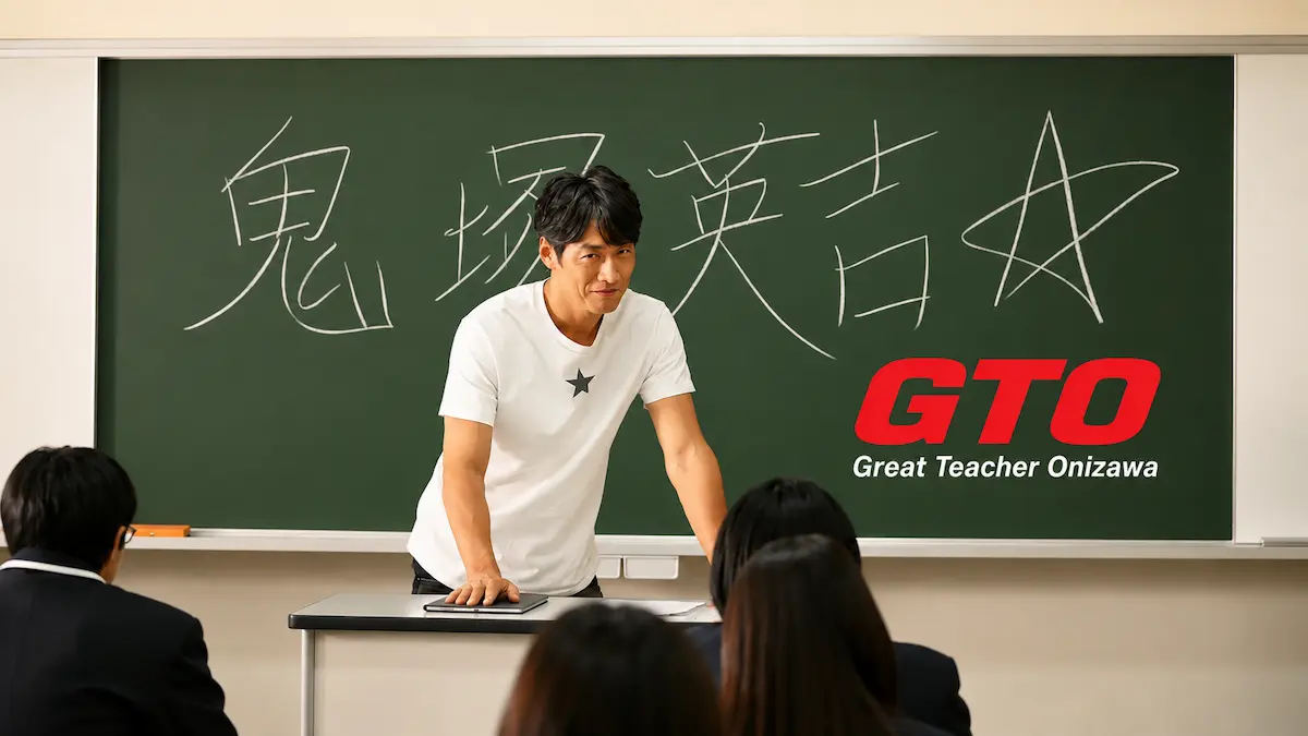 Japanese school comedy drama poster showing a male teacher leaning over a podium in front of a chalkboard with students seated in class