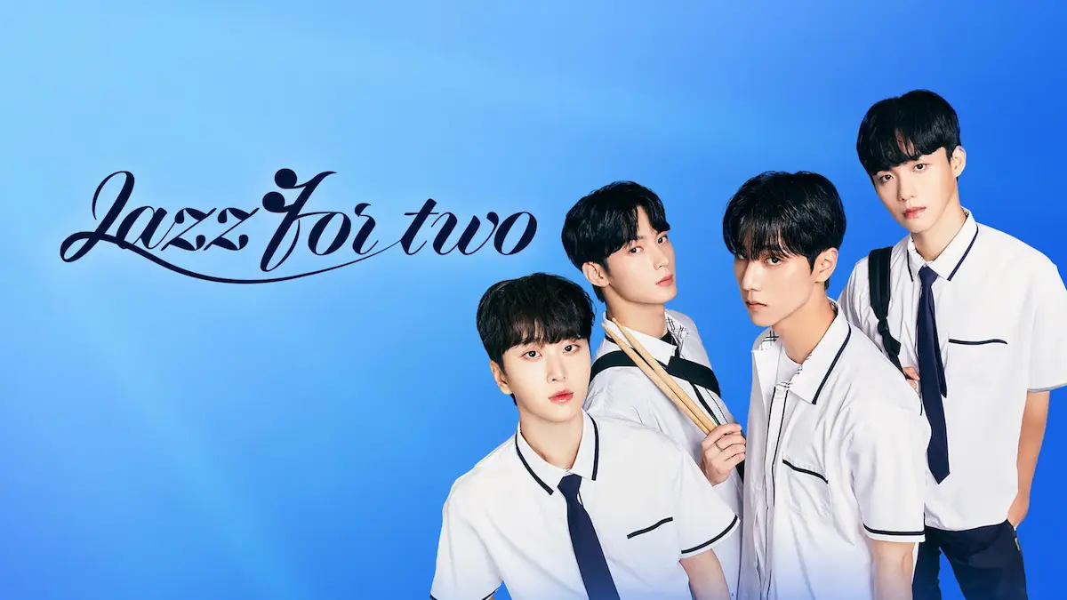 Four male high school students in white uniforms against a bright blue background, with one holding drumsticks