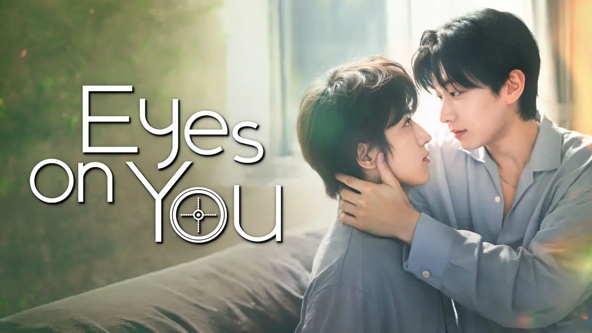 Korean BL romance drama poster showing two young men embracing closely indoors under soft natural lighting