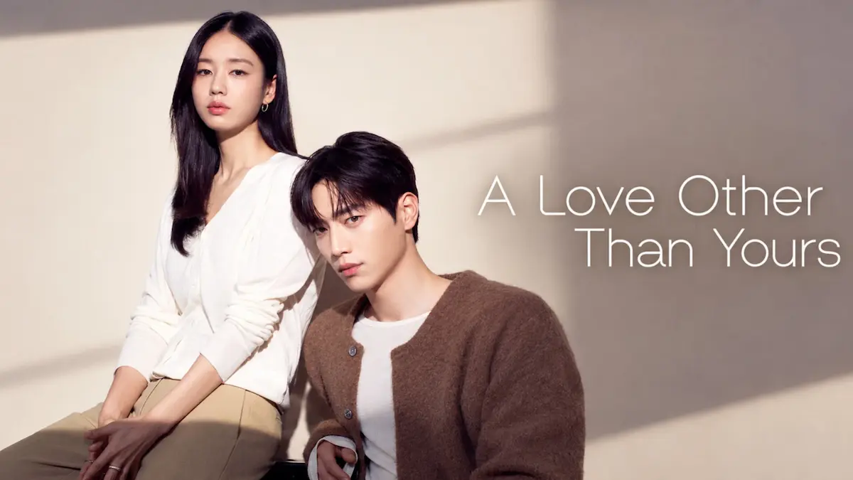 Korean romance drama poster showing a woman in a white cardigan and a man in a brown sweater sitting against a neutral backdrop
