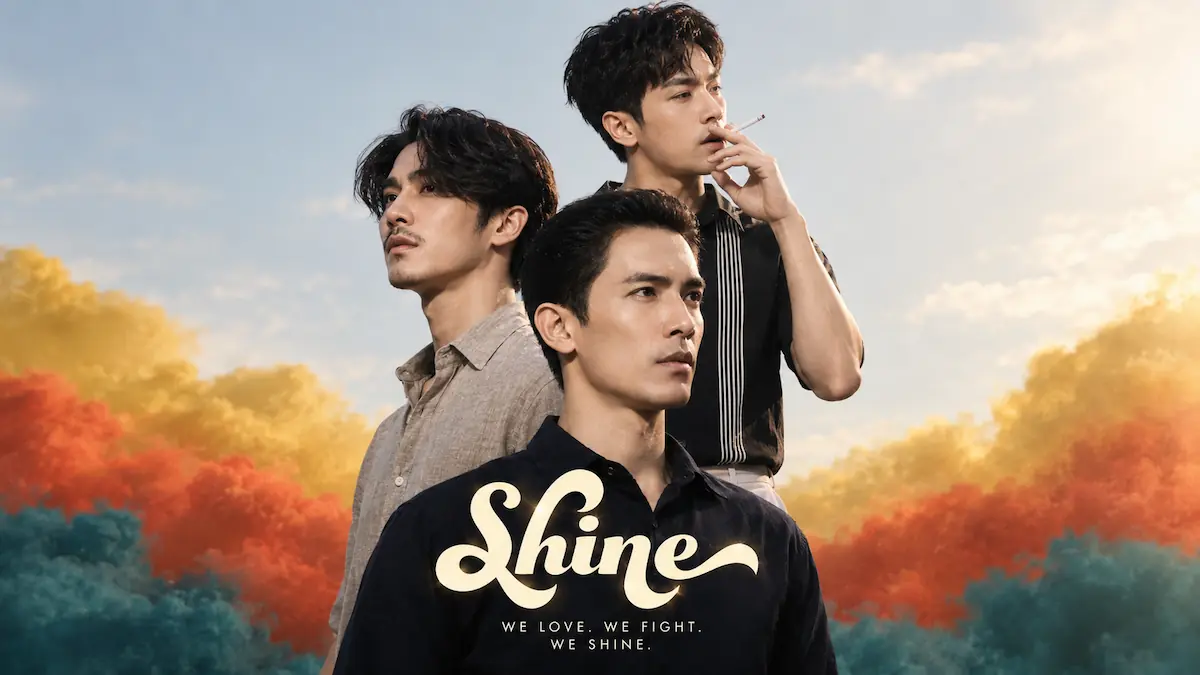 Three men looking in different directions against colorful clouds and a sky background