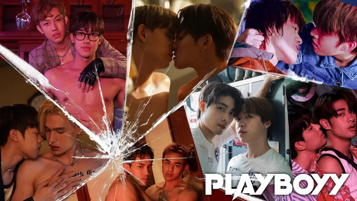 Collage of several couples in intense and intimate poses separated by a shattered glass effect