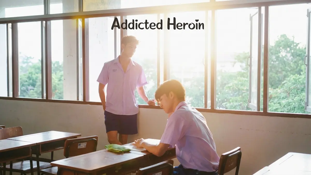 Two high school boys in purple school uniforms sitting in a sunlit classroom near open windows with title text Addicted Heroin