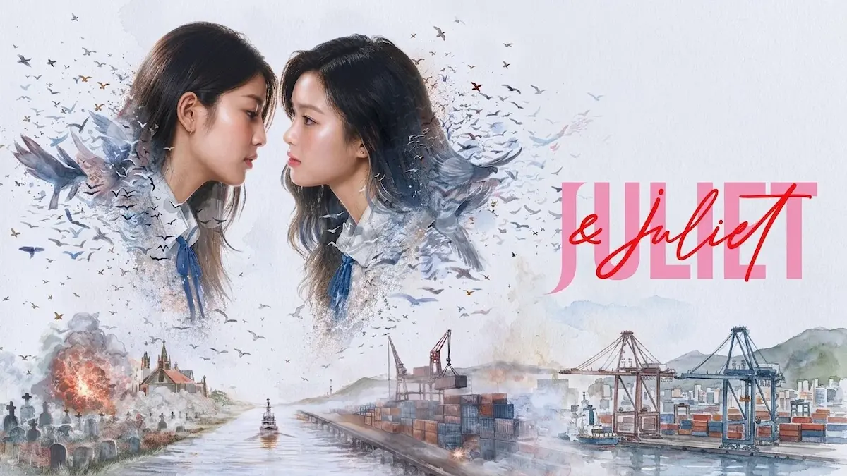 Thai GL romance drama poster showing two young women facing each other in profile with an artistic harbor landscape below