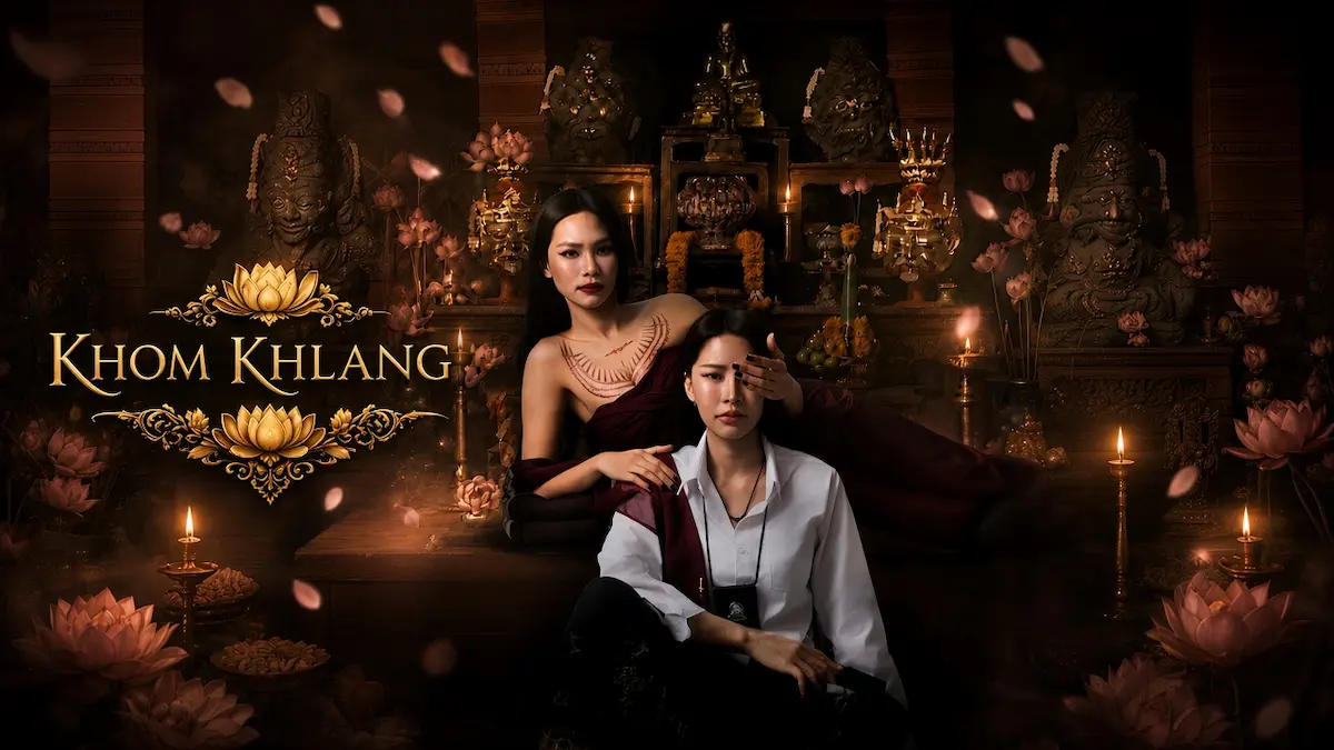 A woman with chest tattoos covering one eye of another woman in a white shirt in front of a lotus altar